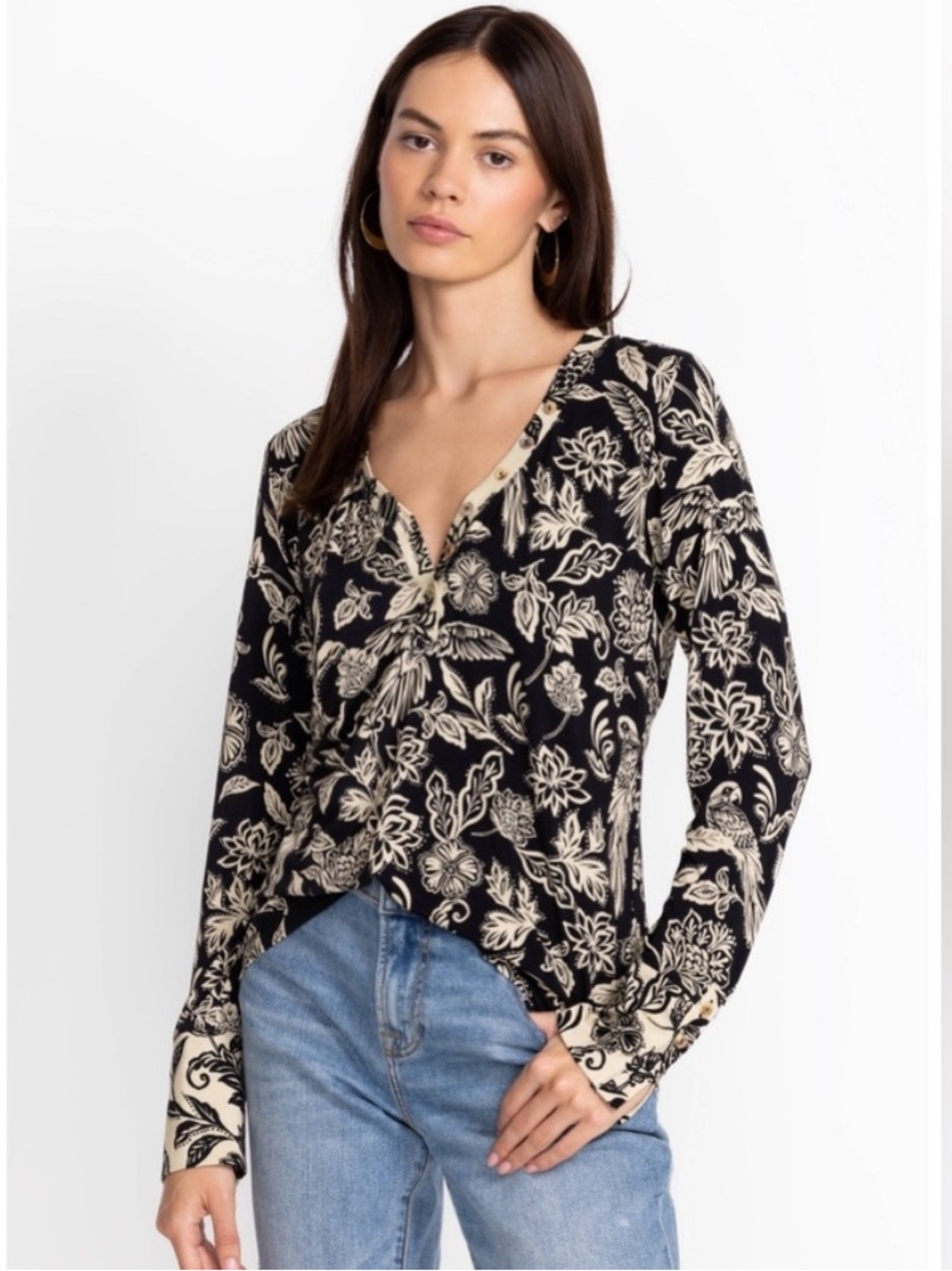 Johnny Was Noah Henley Top Floral Bird Black & Cream Women’s Medium - Picture 12 of 12